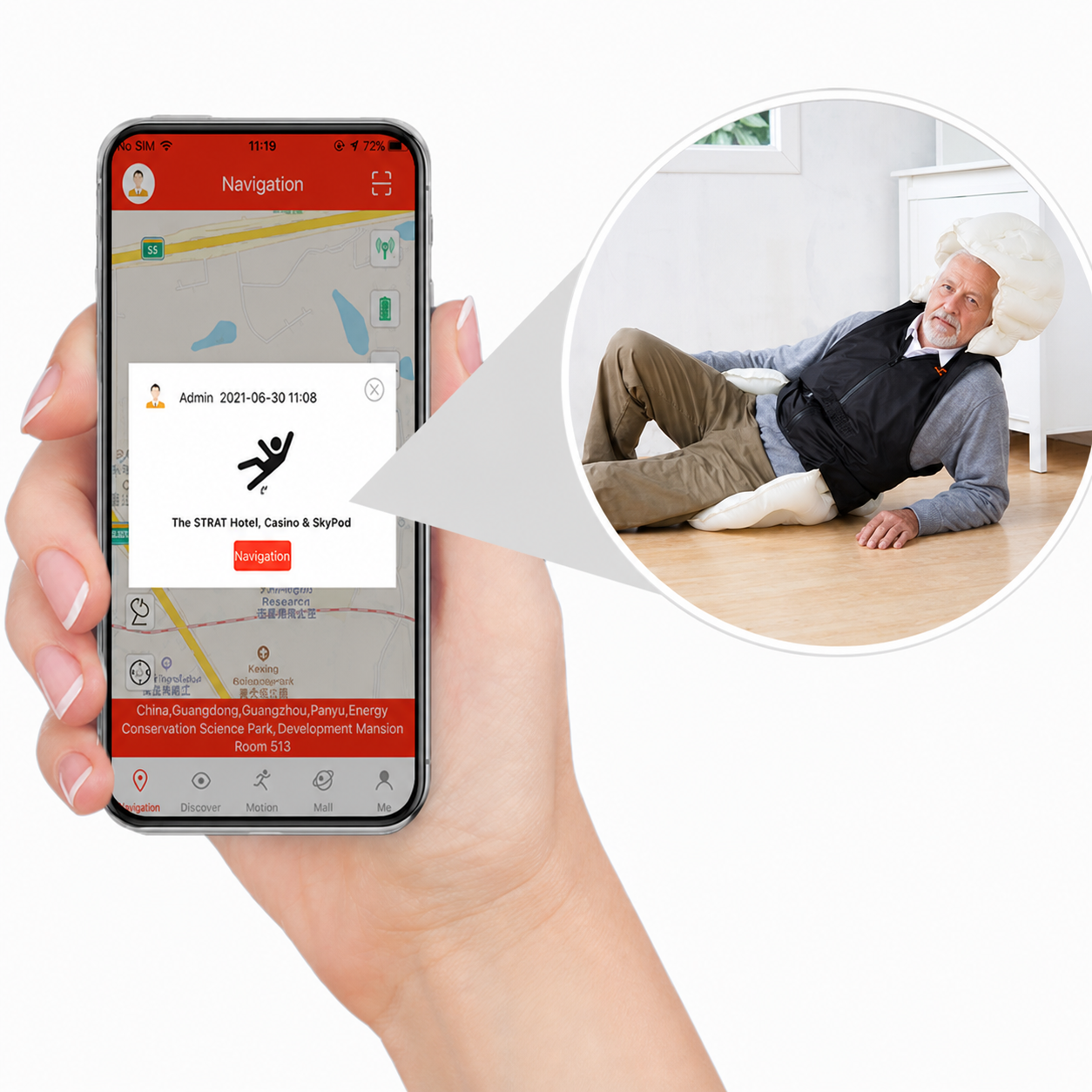 Mobile fall alert map showing incident location and fall scene context