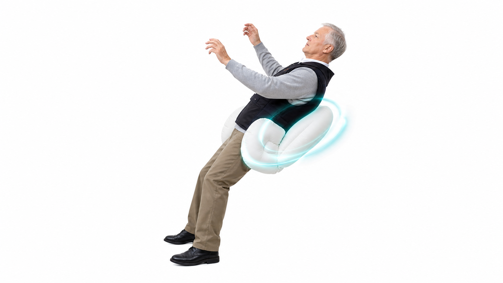 Synthetic single-person fall response image showing airbag deployment around the hip area