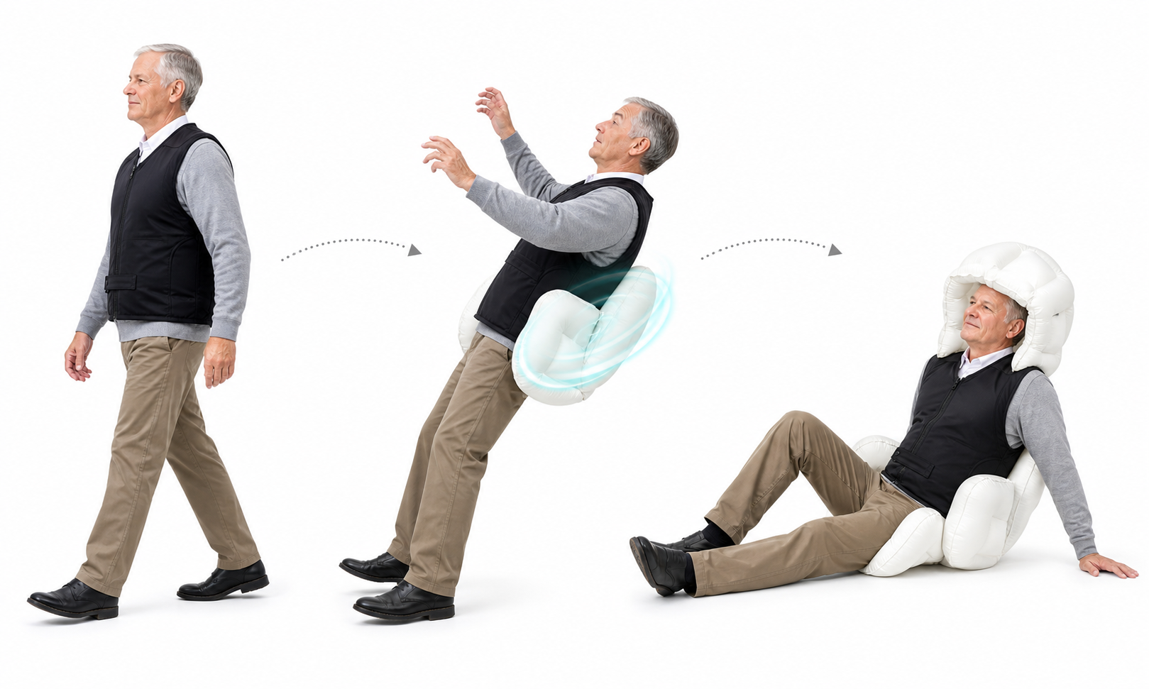 Synthetic fall sequence image showing airbag response during loss of balance