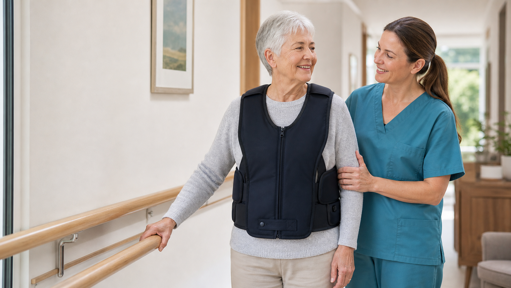 Synthetic senior wearing an intelligent airbag vest with caregiver support